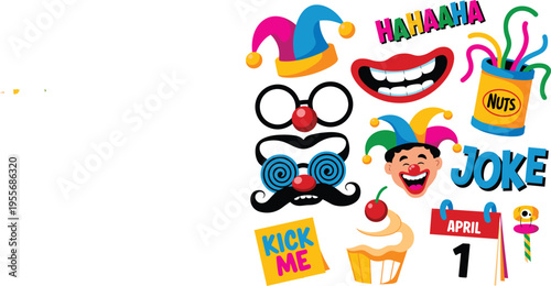 April fools day banner with clown popping out of box, funny holiday prank surprise vector illustration