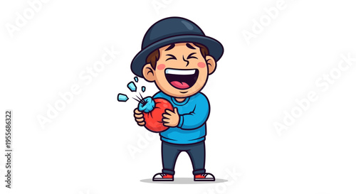 A cheerful cartoon boy in a blue outfit and hat laughs while holding a red balloon with air escaping, conveying a joyful April Fools' Day prank in a colorful illustration with a humorous