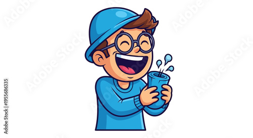 A cheerful cartoon character in a blue outfit holding a cup with a surprised and joyful expression on his face