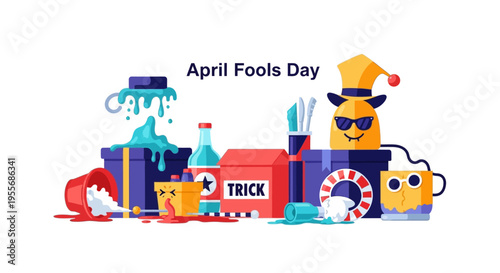 A cartoon illustration of a prankster's toolkit for April Fools' Day, with a smiling mug, trick box, and colorful decorations on a white background