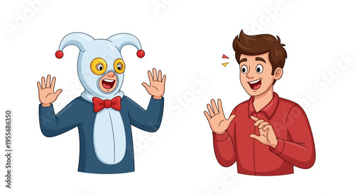 Cartoon illustration of a man shocked by a jester character on April Fools' Day with a colorful and humorous design