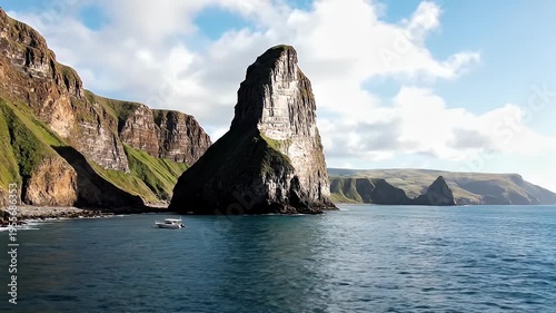Remote Island Landscape with Dramatic Volcanic Rock Formations and a Small Boat in Clear Blue Ocean