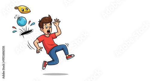 A cartoon man wearing a red shirt and blue jeans jumps in surprise on April Fools' Day with a shocked expression and comedic elements around him