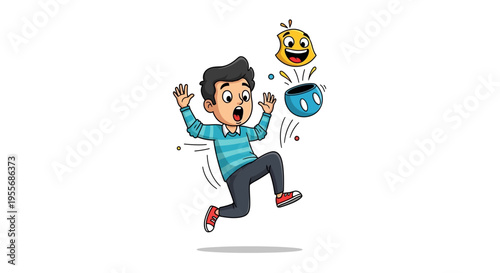 Cartoon illustration of a man jumping in surprise with a shocked expression on April Fools' Day, surrounded by a laughing emoji and a blue balloon on a white background with colorful
