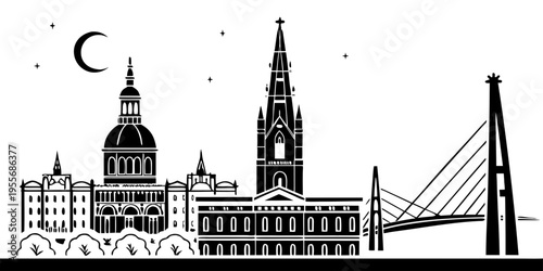 USA, US, U.S, United States - Charleston Skyline Minimal SVG – Simple Geometric Black & White Historic Cityscape Vector, Clean Line Southern Architecture Silhouette for Digital Art and Prints