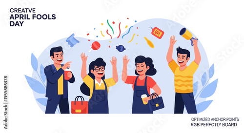 Illustration of four cartoon characters celebrating April Fools' Day with colorful decorations and prank items in a playful scene