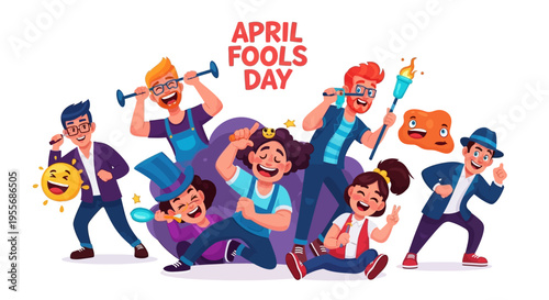 A group of cartoon characters celebrating April Fools' Day with joyful and humorous poses and pranks on a clean white background