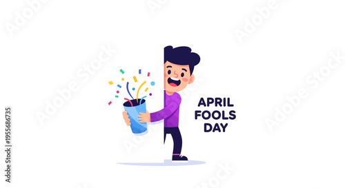 A cartoon man holding a bucket with colorful confetti and a surprised expression on April Fools' Day