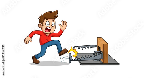 A cartoon man in a red shirt jumps back in surprise as a yellow object triggers a spring-loaded prank trap on April Fools' Day
