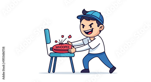 A cheerful cartoon man in a blue cap pulls a chair with a prank gift box on it, conveying a joyful and playful mood on April Fools' Day