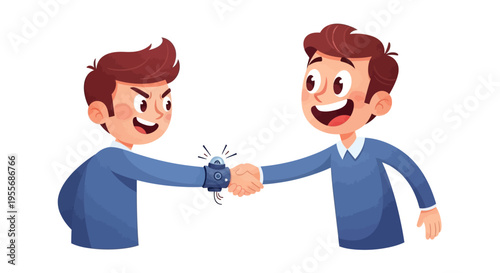 Two cartoon men in blue shirts engaged in a playful prank on April Fools' Day with a shocked expression and a balloon popping