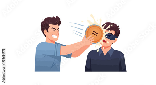 A cartoon illustration of a man playfully surprising another man with a pie on April Fools' Day, conveying a funny and joyful mood with colorful design elements