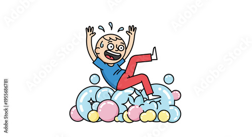 A cheerful cartoon man jumping in colorful balloons on April Fools' Day with a joyful and playful mood