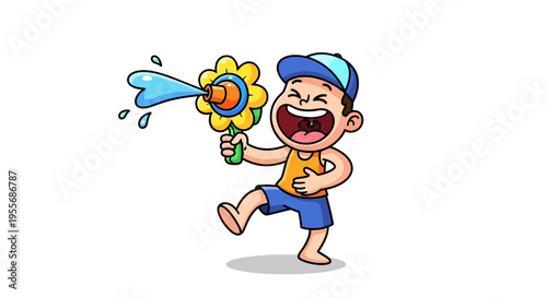 A cheerful cartoon boy wearing a blue cap and yellow shirt runs while playing with a colorful water gun on April Fools' Day with a joyful and playful mood