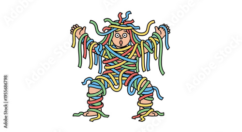 A colorful cartoon character wrapped in multicolored wires and cables stands against a clean white background, conveying a joyful and playful mood with a comedic prank illustration design
