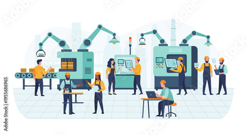 Diverse Team Working on Automated Production Line in Modern Factory. Industrial Manufacturing, Technology, and Logistics.