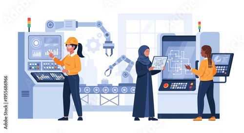 Diverse Women Engineers & Technicians Operating Modern Smart Factory with Robotics & AI Automation