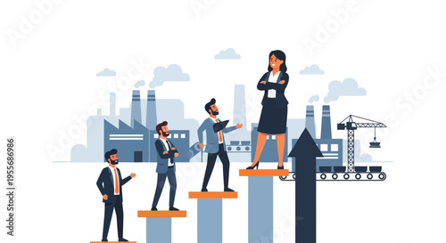 Female Business Leader Guides Team Up Career Steps to Success & Growth in Industrial Setting