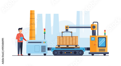 Industry 4.0 Automation: Robotic Arm Loading Pallets with Worker Oversight in Smart Factory