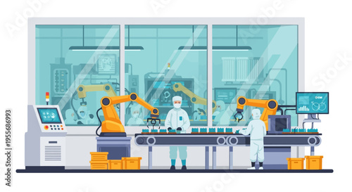 Advanced Cleanroom Factory with Robotics, Automation, and Human Workers