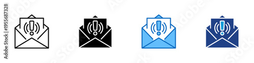 Email Alert Multiple Style Icon Design Vector - Envelope with exclamation mark representing urgent email notification, inbox warning, and priority message