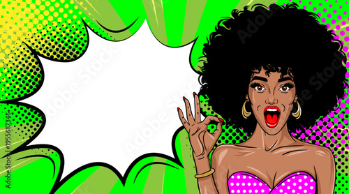 Pop Art African American Woman Making OK Gesture with Speech Bubble - Retro Comic Book Style Illustration with Afro Girl and Green Background