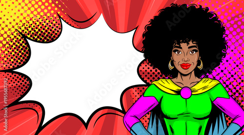 Pop Art Superhero Woman Portrait with Speech Bubble - Retro Comic Book Style Illustration with Afro Superhero Girl and Red Sunburst Background