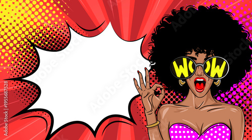 Pop Art Wow African American Woman with Speech Bubble - Retro Comic Book Style Illustration with Afro Girl in Sunglasses and OK Gesture