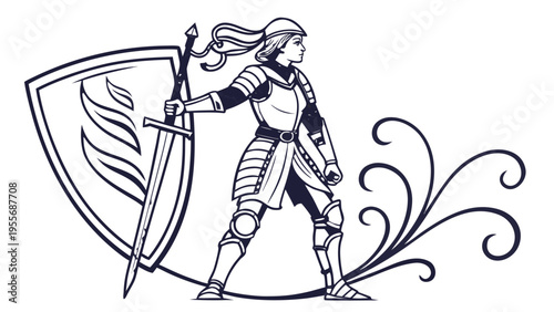 A brave knight in armor holding a sword and shield with a floral design