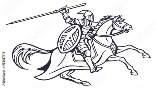 A medieval knight in armor riding a horse and holding a sword and shield in a dynamic pose