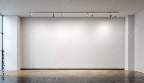 An empty, minimalist art gallery space. White walls illuminated by track lighting, a large window, and wooden floors. Focus on emptiness