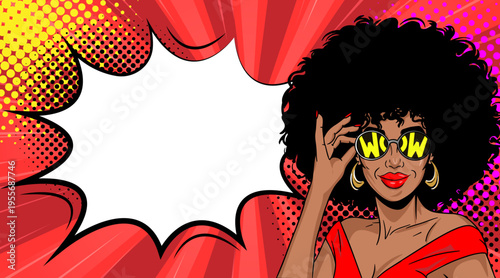 Pop Art Wow Woman with Afro and Speech Bubble - Retro Comic Book Style Illustration with African American Girl in Sunglasses and Red Background
