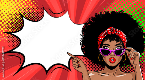 Pop Art Woman Pointing to Speech Bubble with Afro - Retro Comic Book Style Illustration with African American Girl in Sunglasses and Red Sunburst Background