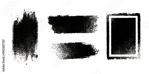 Grungy brush stroke texture set with black paint splashes. ink stains rough artistic background creative design.