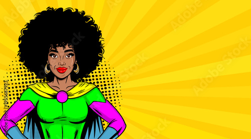 Pop Art Superhero Woman Portrait - Retro Comic Book Style Illustration with African American Superhero Girl and Colorful Sunburst Background