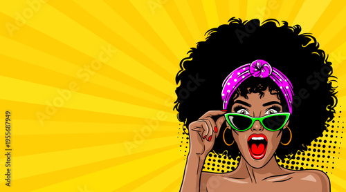 Pop Art Surprised Woman with Afro - Retro Comic Book Style Illustration with African American Girl in Sunglasses and Purple Headband on Yellow Sunburst Background