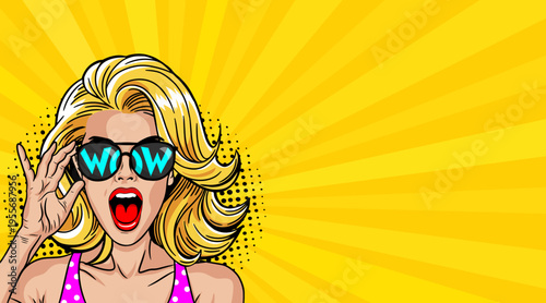Pop Art Wow Blonde Woman - Retro Comic Book Style Illustration with Surprised Girl in Sunglasses and Yellow Sunburst Background