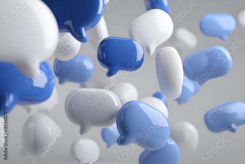 Glossy, three-dimensional speech bubbles in varying shades of blue and white are suspended against a grey backdrop, appearing to float