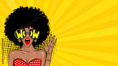 Pop Art Wow Woman with Afro - Retro Comic Book Style Illustration with African American Girl in Sunglasses Making OK Gesture and Yellow Sunburst Background
