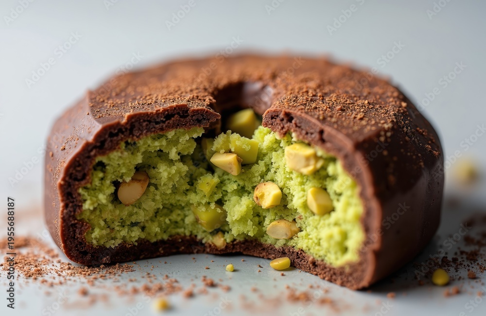 Fototapeta premium Chocolate cookie with green pistachio filling. A bite taken out reveals cakey center with chopped nuts. Topped with cocoa powder. Delicious dessert.