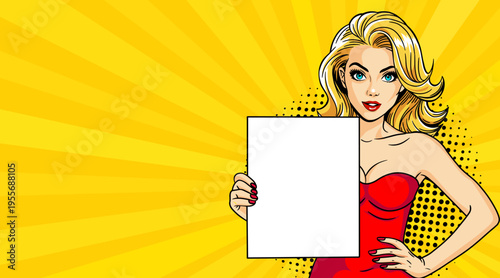 Pop Art Woman Holding Blank Sign - Retro Comic Book Style Illustration with Blonde Girl in Red Dress and Yellow Sunburst Background
