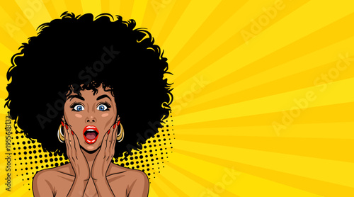 Pop Art Surprised Woman with Afro - Retro Comic Book Style Illustration with Shocked African American Girl and Yellow Sunburst Background