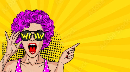 Pop Art Wow Woman Pointing - Retro Comic Book Style Illustration with Purple Hair Girl in Sunglasses and Yellow Sunburst Background