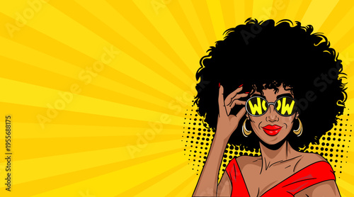 Pop Art Wow Woman with Afro - Retro Comic Book Style Illustration with African American Girl in Sunglasses and Yellow Sunburst Background