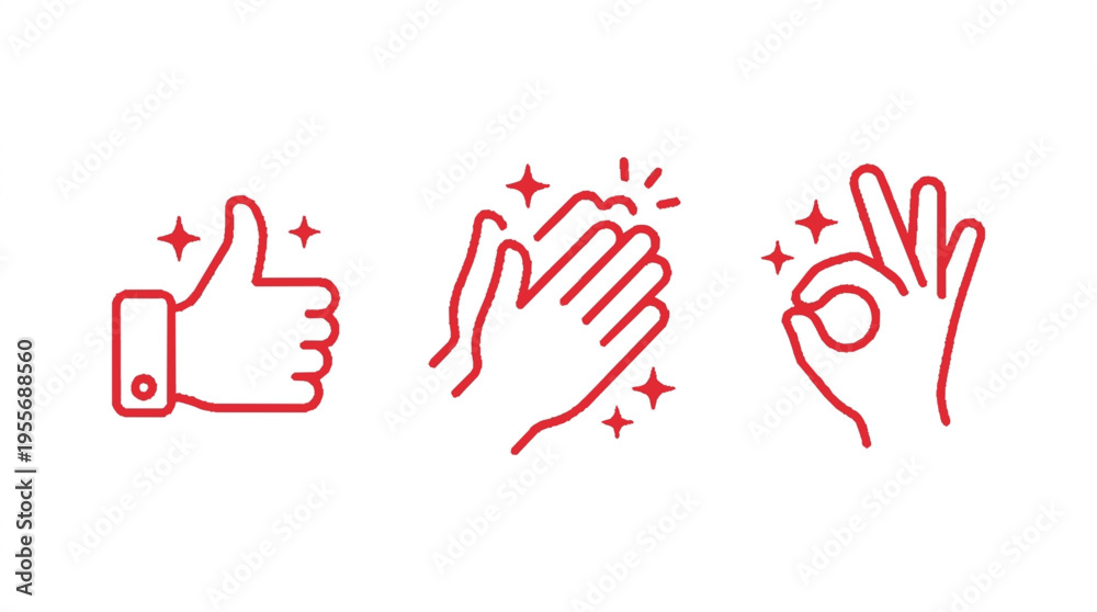 Fototapeta premium Minimalistic red thumbs up clapping hands and ok sign icons with sparkling stars on a clean white background