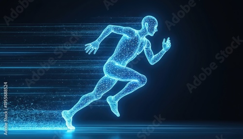 Digital human figure running fast with blue light trails. Futuristic runner accelerates on dark background. High tech athlete in motion with speed lines.