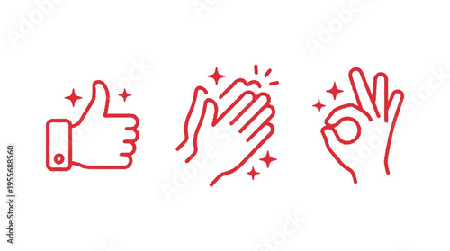 Minimalistic red thumbs up clapping hands and ok sign icons with sparkling stars on a clean white background