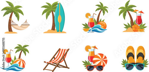 Summer Beach Vacation Set with Palm Trees Surfboard Cocktail and Sunglasses, Tropical Holiday Collection for Travel, Relaxation, and Seaside Illustration Design