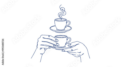 Hands holding coffee cups with steam rising blue line art illustration on white background
