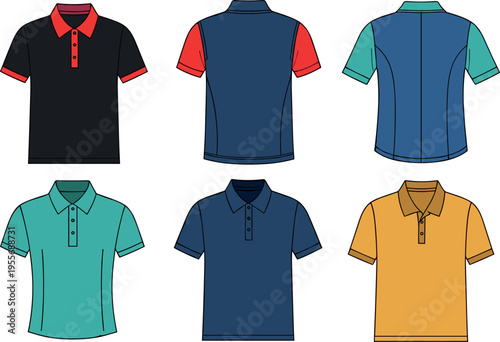 Polo shirt vector set front and back view casual t shirt collection different colors clothing mockup design